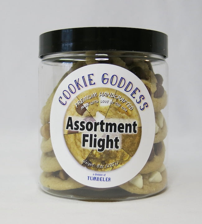 Jar of 'Cookie Goddess' assorted cookies with a label on a white background
