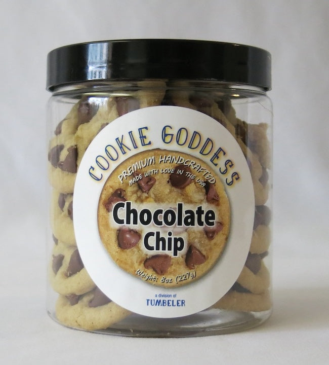 Jar of chocolate chip cookies with 'Cookie Goddess' label on a white background