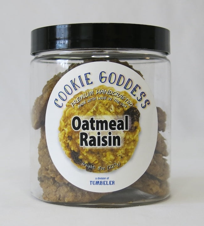 Jar of Oatmeal Raisin cookies with 'Cookie Goddess' label on a white background
