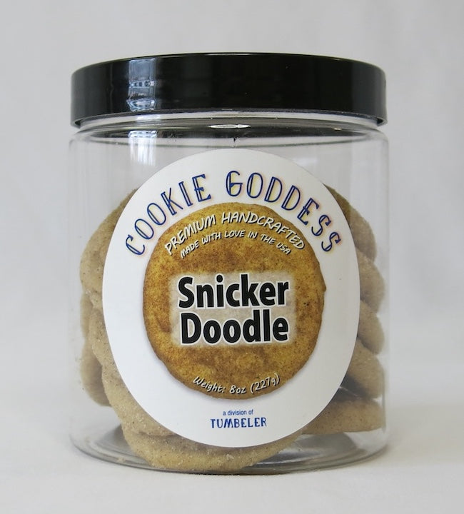 Jar of Snicker Doodle cookies with 'Cookie Goddess' label on a white background