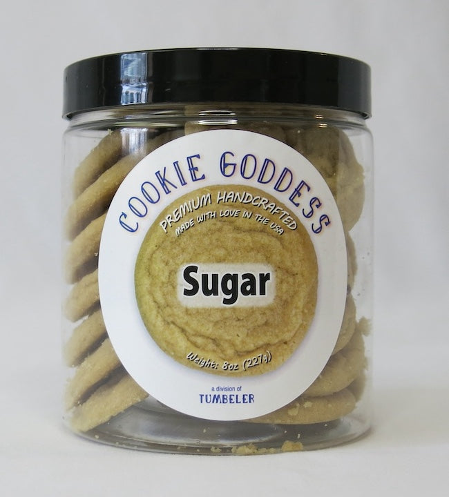 Jar of sugar cookies with 'Cookie Goddess' label on a white background